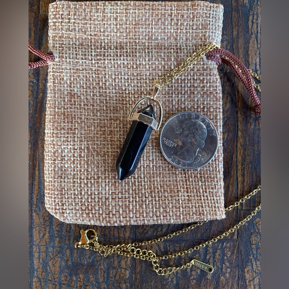 Gold plated Black Obsidian Crystal Point with gold plated Stainless Steel Chain - Picture 2 of 2